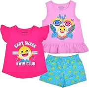 [Nickelodeon] Baby Shark 3 Pack Shirt and Short Set for Girls, Short and Sleeveless Tee