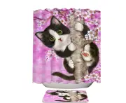 180cm X 180cm Shower Curtain Only Cute Black and White Kitten Cat on Cherry Blossom