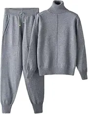 [Generic] Women's Turtleneck Sweater 2 Pieces Set Women Knitted Tracksuit Solid Long Sleeve Turtleneck Sweater Carrot Pants Suit