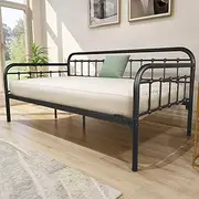[HOMERECOMMEND] Metal Daybed Frame Single Bed Heavy Duty Steel Slats Sofa Bed Platform Mattress Foundation Twin Black Sanded Color