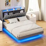 Advwin Queen Floating Bed Frame with LED Lights and Storage Headboard Upholstered Platform Bed with Hidden Storage Dark Grey