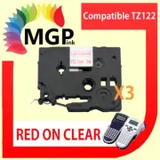 3X TZ122 P-touch Labelling Tape 9mm for Brother PT-1880 PT-1950 Red-ON-Clear