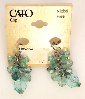 Cato Clip on Earrings Drop Dangle Light Green Silver Tone Bead