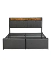 [IHOMDEC] Double Size Metal & Wood Bed Frame with Charging Station and 2 Drawers in Grey