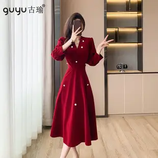 禮服婚宴洋裝復古金絲絨洋裝女秋冬新款禮服裙平時可穿v領a字裙