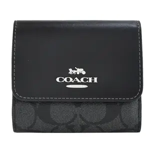 COACH 立體馬車LOGO 皮革拼接PVC三折短夾(石墨黑)