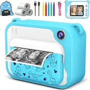 Usteetic Kids Camera Instant Print 1080p Instant Camera for Kids Aged 3-12 Ink Free Printing Dinosaur Toddler Camera Christmas Birthday Gifts for Boys Girls 3 4 5 6 9 8 9 10 11 12 Years Old (Blue)
