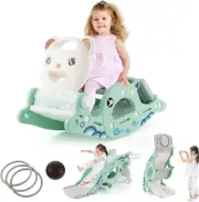 4-In-1 Kids Slide Rocking Horse, Toddler Climber Slide Playset with Basketball &