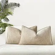JUSPURBET Set of 2 Beige Chenille Lumbar Throw Pillow Covers 16x24 Inch Soft Textured Decorative Cushion Cases for Couch Sofa Bed Solid Home Decor Pillowcases