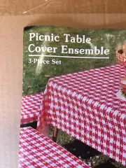 Vintage Picnic Table 3-Piece Ensemble Set Cover Red Checkered Tablecloth Vinyl