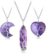 [Lian] 3 Pcs Crystal Necklace Tree of Life Wire Wrapped Natural Stone Energy Crystal Pendant Gemstones Necklace Heart Moon Hexagonal Amethyst Necklace Jewelry Gifts for Women Men…