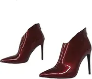 Stiletto High Heeled Ankle Boots, Sexy Dark Red Patent Thin High Heel Bootie, Frankie Hsu Big Large Size Fashion Designer Office Lady Dressy Ankle High Heeled Short Shoe For Women