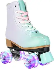 MEIGLQEA Roller Skates for Girls and Women, PU Leather Gradient Green Purple Roller Skates with Flash Wheels, Indoor Outdoor Roller Skates for Youth Beginner Girls Ages 8-12