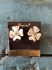 Vintage Signed Napier Dogwood Flower Clip On Earrings on Card NOS