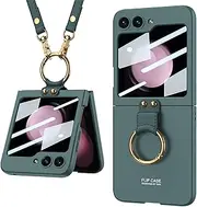 Folding Phone Case for Samsung Galaxy Z Flip 5, Creative Cover for Z Flip5 with Electroplated Ring, Protective Shell Shoulder Strap (Green)