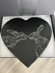 NEW The Just Slate Company - Heart Cheese Board W/ Etched Kissing Hares