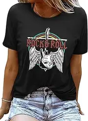 [Teaaha] Rock and Roll T Shirts for Women Vintage Graphic Tees Band Tshirts Shirt Funny Country Music Retro Casual Short Sleeve Tops