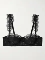 [FLEUR DU MAL] FLEUR DU MAL - Embellished Silk-blend Satin-trimmed Corded Lace Underwired Soft-cup Balconette Bra - Black - 32DD 32 DD Black
