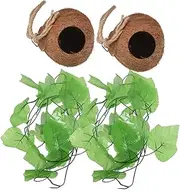 Abaodam 4pcs Reptile Nest House Set with Natural Coconut Shell and Artificial Vines Comfortable Small Hanging Lizard Shelter for Terrarium Pets