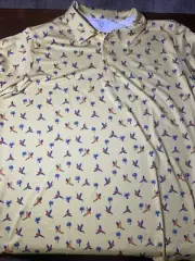 Caddy Cart Golf Polo Shirt Mens XL Yellow Macaw Palm Tree Print Stretch UPF 50