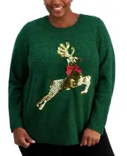 Karen Scott Plus Size Sequined Reindeer Sweater Green Marl SZ 3X