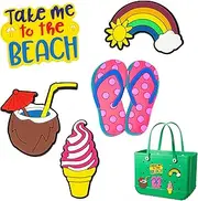 [Esdallina] Decorations for Bag/Beach Bag,coconut water, ice cream, flip flops, rainbows, beach-5 Pack, Medium, Rubber
