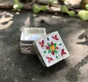 925 Silver Handmade Trinket Kajal Casket Jewelry Box Square 1.8 cm 6 gm Enamel