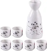 Ceramic Sake 7-Piece Set, Japanese Sake Set Includes 1 White Bottle and 6 Cups, The for Housewarming and Spirits Lovers