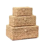 Set of 3 Wicker Storage Baskets with Lid, Large Rectangular Rattan Basket Dec...