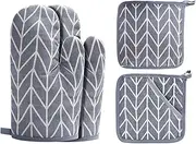 Win Change Oven Mitts and Potholders BBQ Gloves-Oven Mitts and Pot Holders with Recycled Infill Silicone Non-Slip Cooking Gloves for Cooking Baking Grilling (4-Piece Set,Grey)