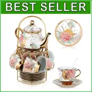 Multicolor European Tea Set with Teapot, Cups, and Metal Holder - Perfect Gift