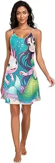 [RPLIFE] Cute Axolotl Mermaid Women's Satin Slip Dress, Spaghetti Strap Nightgown, Sleeveless Night Shirts for Woman