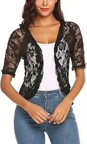 [URRU] Women's 1/2 Sleeve Bolero Sheer Chiffon Shrug Cardigan Black S, Black