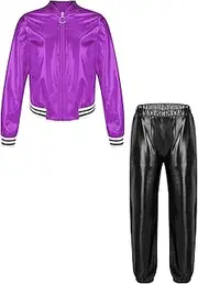 [Fldy] Kids Boys Girls Jazz Hip Hop Dance Outfit Shiny Metallic Coat with Jogger Pants Set Tracksuit