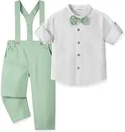 [Volunboy] Baby Boys' Suit, Children's Linen Long Sleeve Shirt with Bow Tie + Braces Trousers, Pack of 4 Suit, light green, 12-18 Months