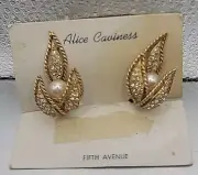 Rare Alice Caviness Rhinestone/Pearl Earrings Original Fifth Avenue Signed Tag