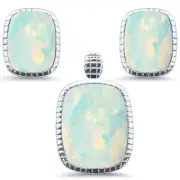 Cushion-Cut White Opal .925 Sterling Silver Pendant & Earring Set