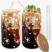DAMCONME Glass Cup with Lid and Straw 2 Pack,Cute Glass Cups,Mason Jar Cups,Preppy Cup for Matcha,Iced Coffee,Mojito-16 Oz 2pcs-Bamboo Lids-2Brush(Stars)