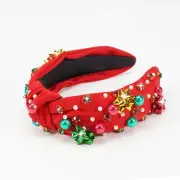 Christmas Headband with Pearl Rhinestone Red Holiday Knotted Wide Hair Bands