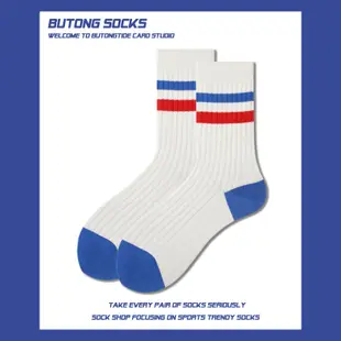 日系復古情侶襪 字母刺繡中筒襪 ins風薄款夏季運動襪 韓版藍色條紋襪子 運動長筒襪