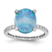Sterling Silver Cheryl M Rhodium-Plated Cabochon Lab Created Blue Opal And Brilliant-Cut Cz Oval With Side Stones Ring