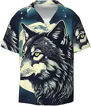 [YANYU] Wolf Night Moon Print Hawaiian Shirts Men Short Sleeve Button Down Cuban Collar Shirt Summer Beach Days