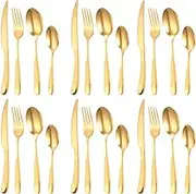 24PCS Modern Hammered Flatware Utensil Set for 6 Stainless Steel Cutlery Silverware Set Includes Knives Forks Spoons for Home Restaurant(Gold,24PCS)