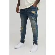 Mens Antique Wash Plus Skinny All Over Ripped Bleached Paint Splatter Jeans