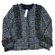 Ann Taylor NWT Size 14 Ruffle Tweed Peplum Jacket Blazer Navy Blue Ivory