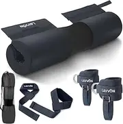 Barbell Squat Pad Set- Nylon Padding AntiSlip- Thick Foam Barbell Pad for Squats Cushion,Lunges&Bar Padding for Hip Thrusts -Standard Olympic Weight Bar Pad (Wrist Straps Weightlifting-Ankle Straps)