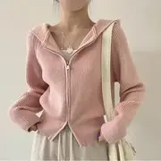 Plain Ribbed Zip-Up Knit Hoodie Gray - One Size