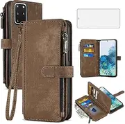 [Asuwish] Phone Case for Samsung Galaxy S20 Plus S20+ 5G Wallet Cover with Tempered Glass Screen Protector Leather Flip Card Holder Cell Accessories S20+5G S20plus 20S + S2O S 20 20+ G5 Women Men Brown