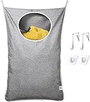 KEEPJOY Hanging Laundry Hamper Bag with Free Adjustable Stainless Steel Door 2 PCs Suction Cup Hooks, Best Choice for Holding Dirty Clothes and Saving Space, Grey