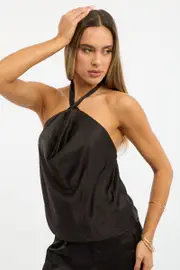 Black Halter Top Cowl Neck Sleeveless Satin - Size 14L, Women's Top